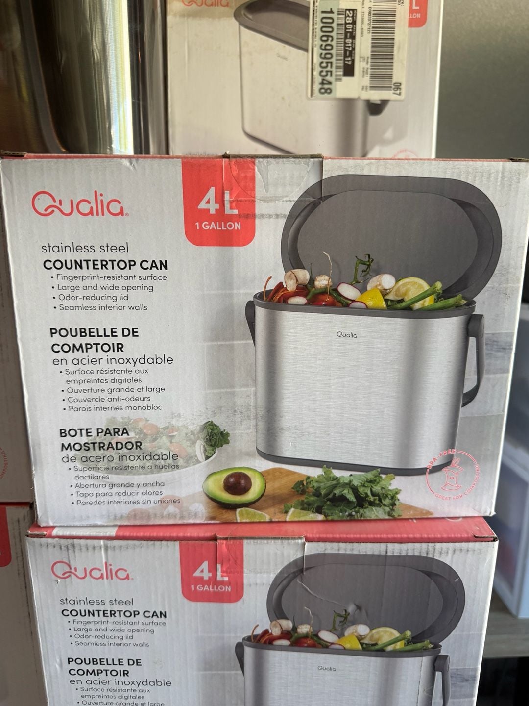 Qualia 1 Gal. Stainless Steel Slim Multi-Purpose Countertop Compost Trash Can with Gray Lid 1