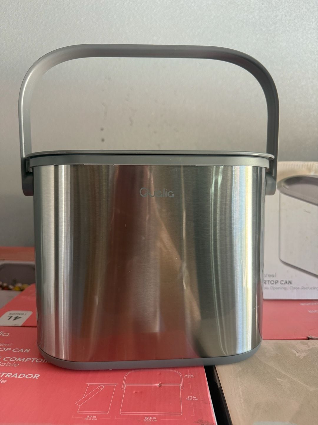 Qualia 1 Gal. Stainless Steel Slim Multi-Purpose Countertop Compost Trash Can with Gray Lid 2
