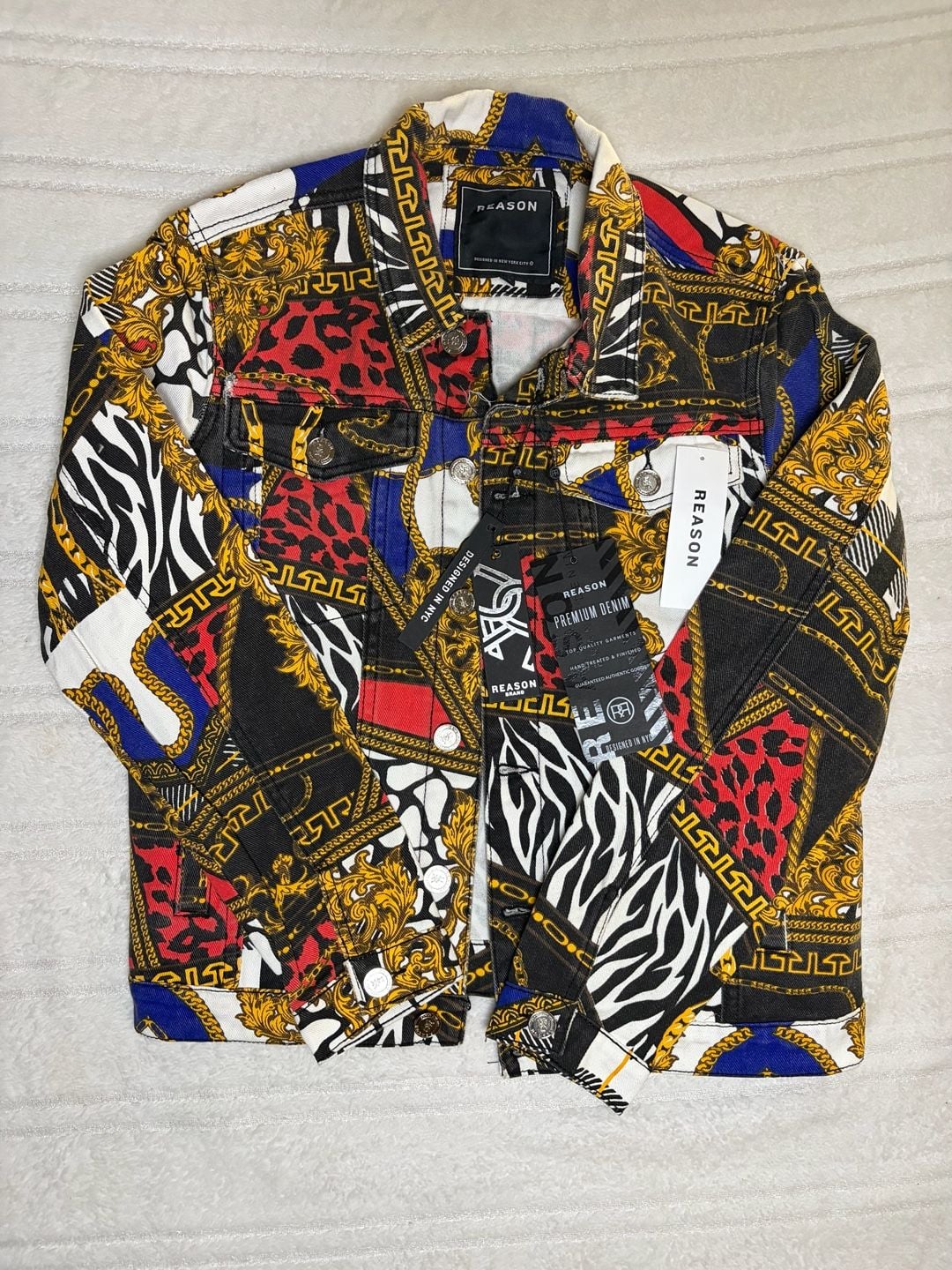 NWT Reason Brand Exotic Style Baroque Chain Animal Print Denim Pants and Jacket Set Size 36 1
