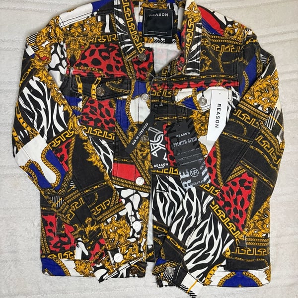 NWT Reason Brand Exotic Style Baroque Chain Animal Print Denim Pants and Jacket Set Size 36