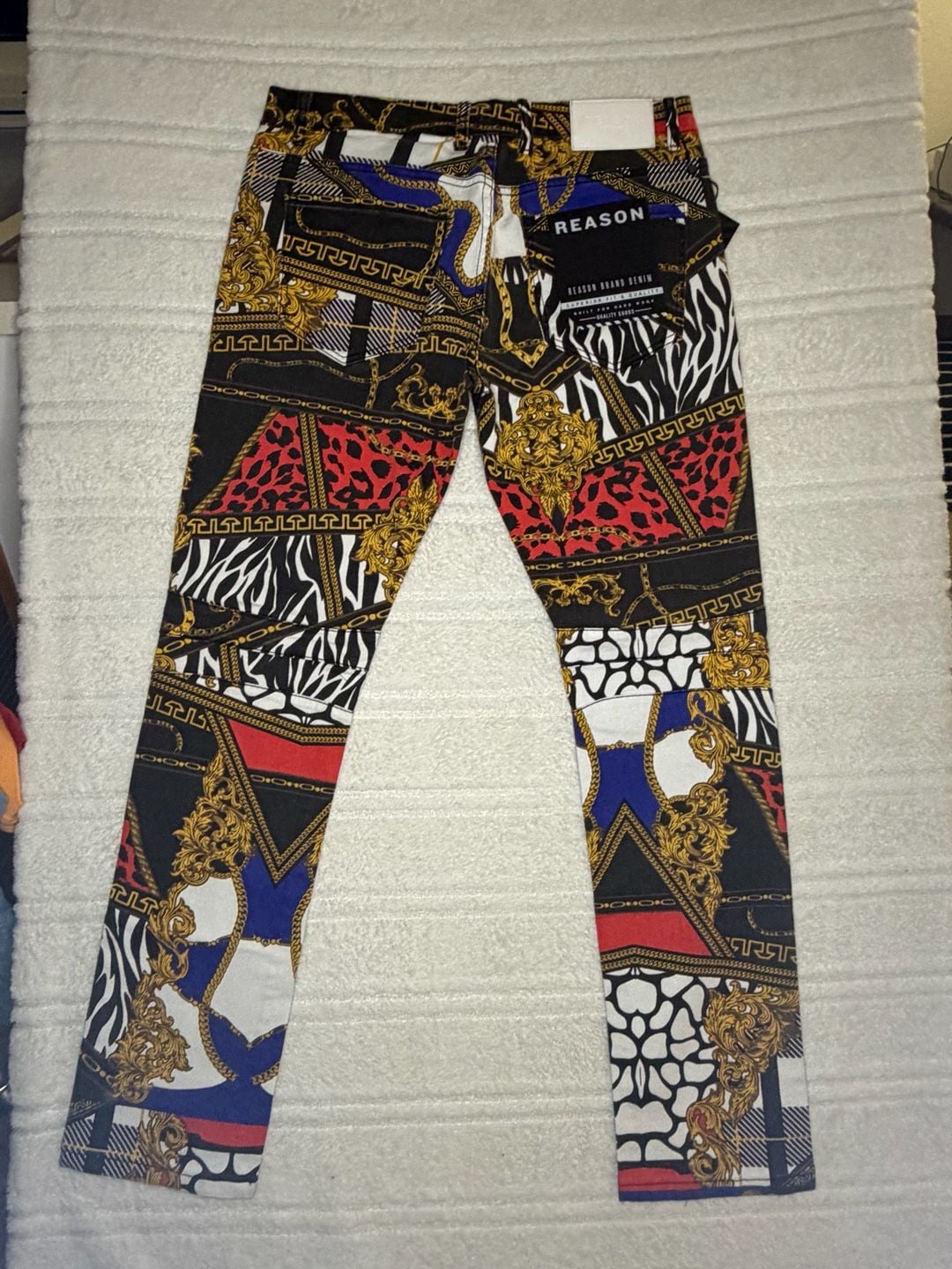 NWT Reason Brand Exotic Style Baroque Chain Animal Print Denim Pants and Jacket Set Size 36 2