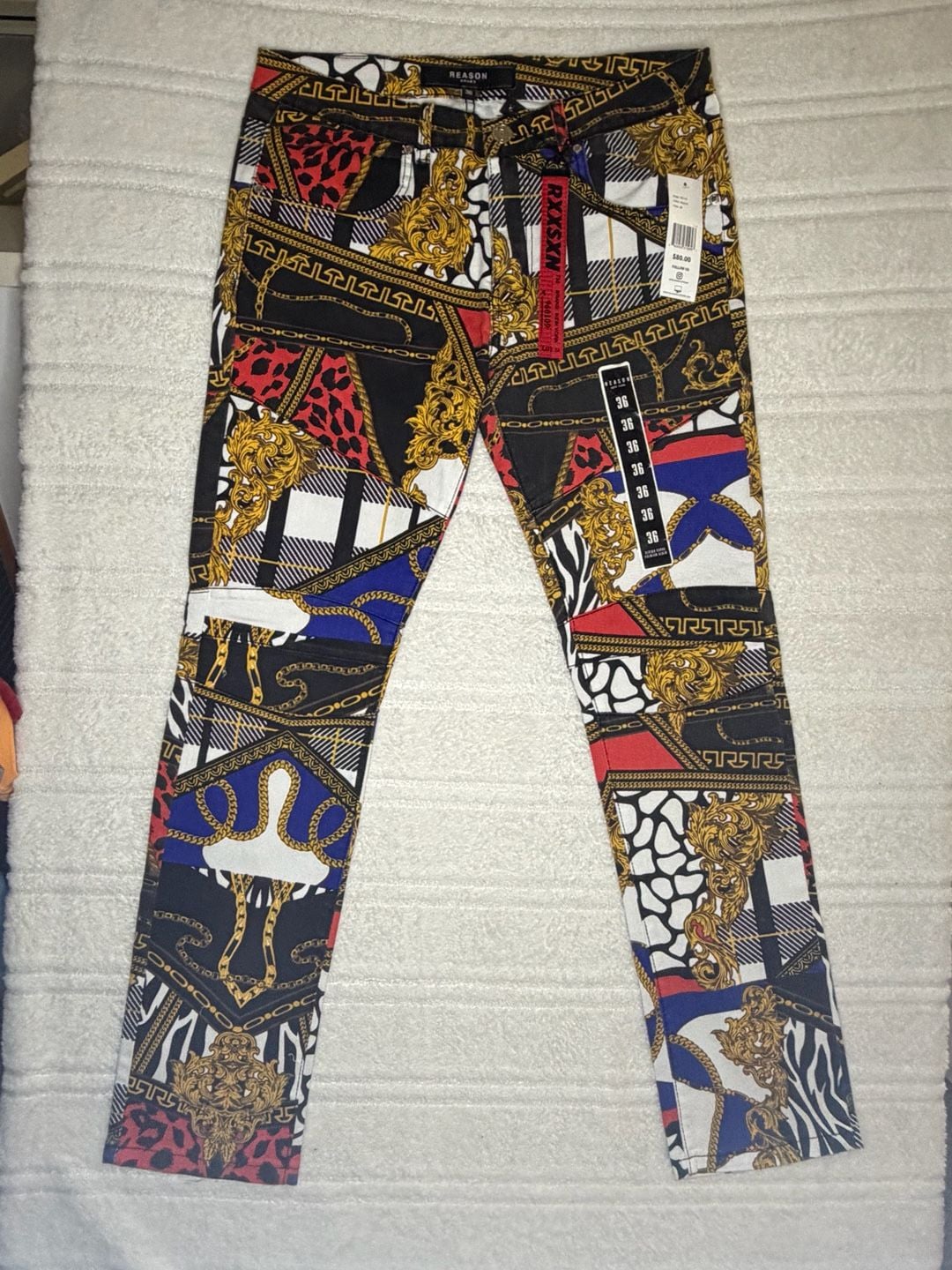NWT Reason Brand Exotic Style Baroque Chain Animal Print Denim Pants and Jacket Set Size 36 6