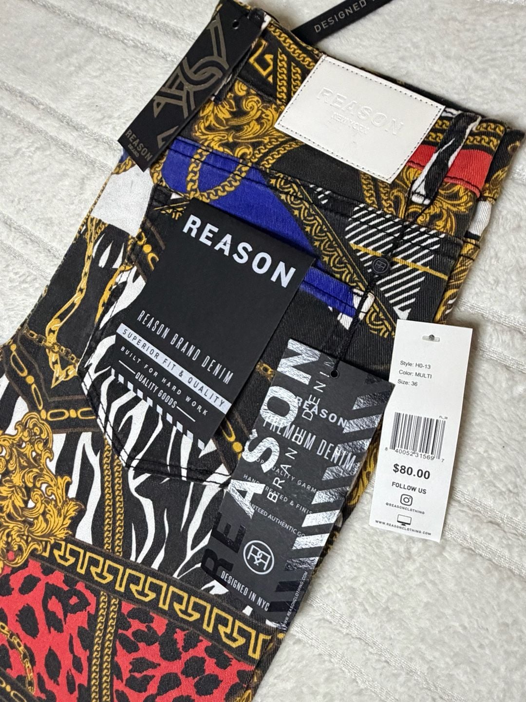 NWT Reason Brand Exotic Style Baroque Chain Animal Print Denim Pants and Jacket Set Size 36 10
