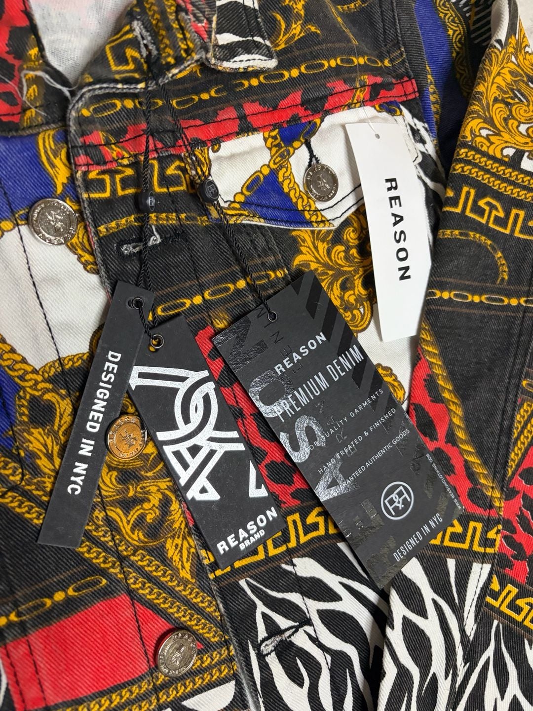 NWT Reason Brand Exotic Style Baroque Chain Animal Print Denim Pants and Jacket Set Size 36 12