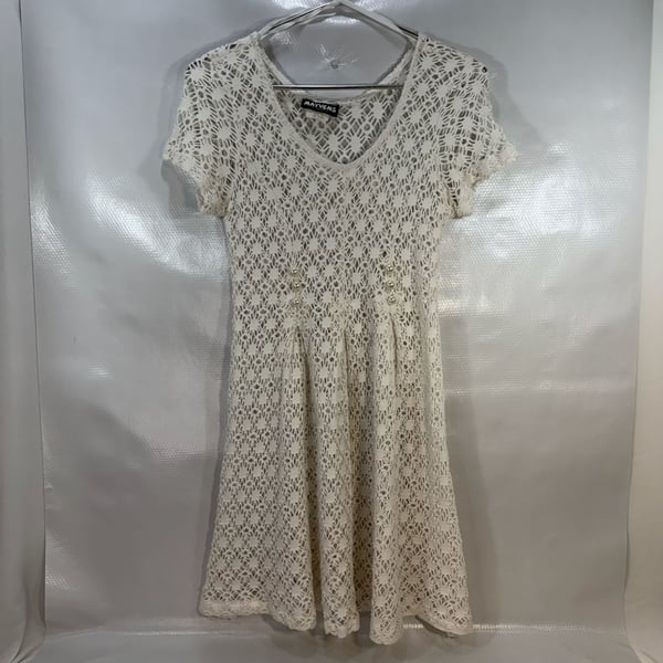 Mayvens of California Vintage White Crochet Cotton Pearl Button Dress Medium