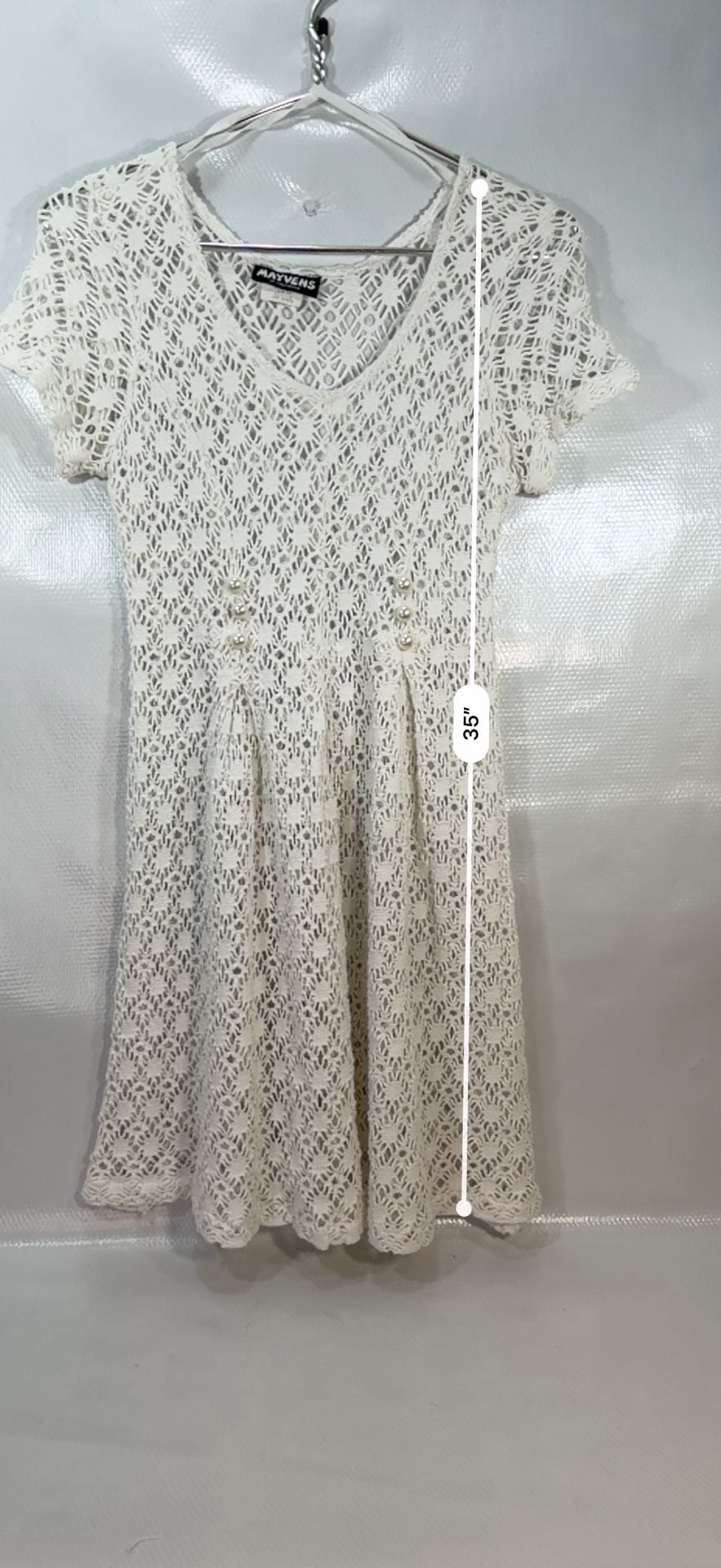 Mayvens of California Vintage White Crochet Cotton Pearl Button Dress Medium  10