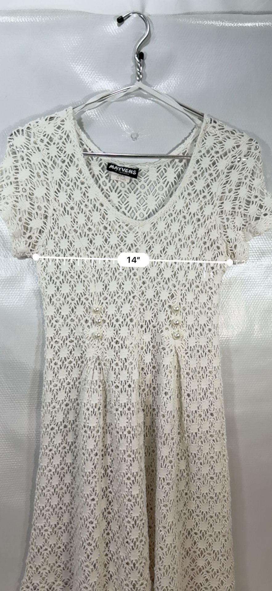 Mayvens of California Vintage White Crochet Cotton Pearl Button Dress Medium  11
