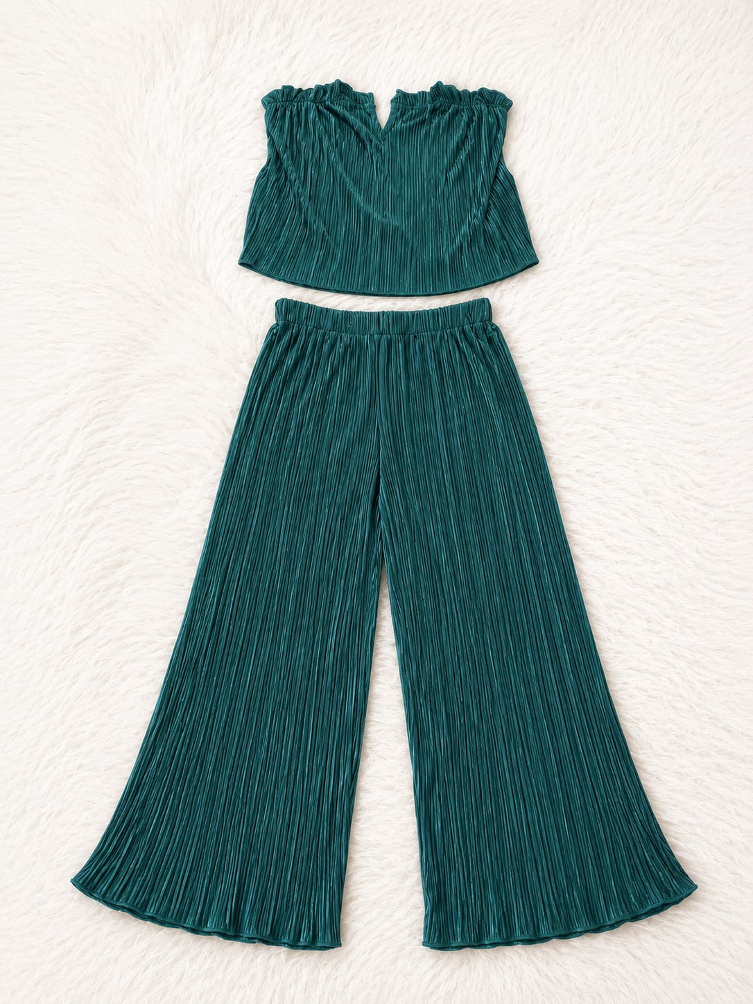 SHEIN Plisse Ruched Strapless Crop Top and Pants Dark Green Co-Ord Set Size L 1
