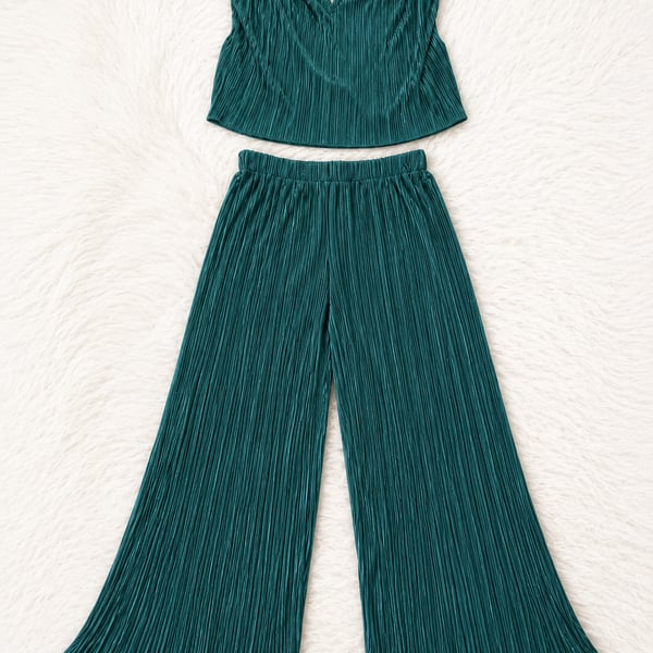 SHEIN Plisse Ruched Strapless Crop Top and Pants Dark Green Co-Ord Set Size L