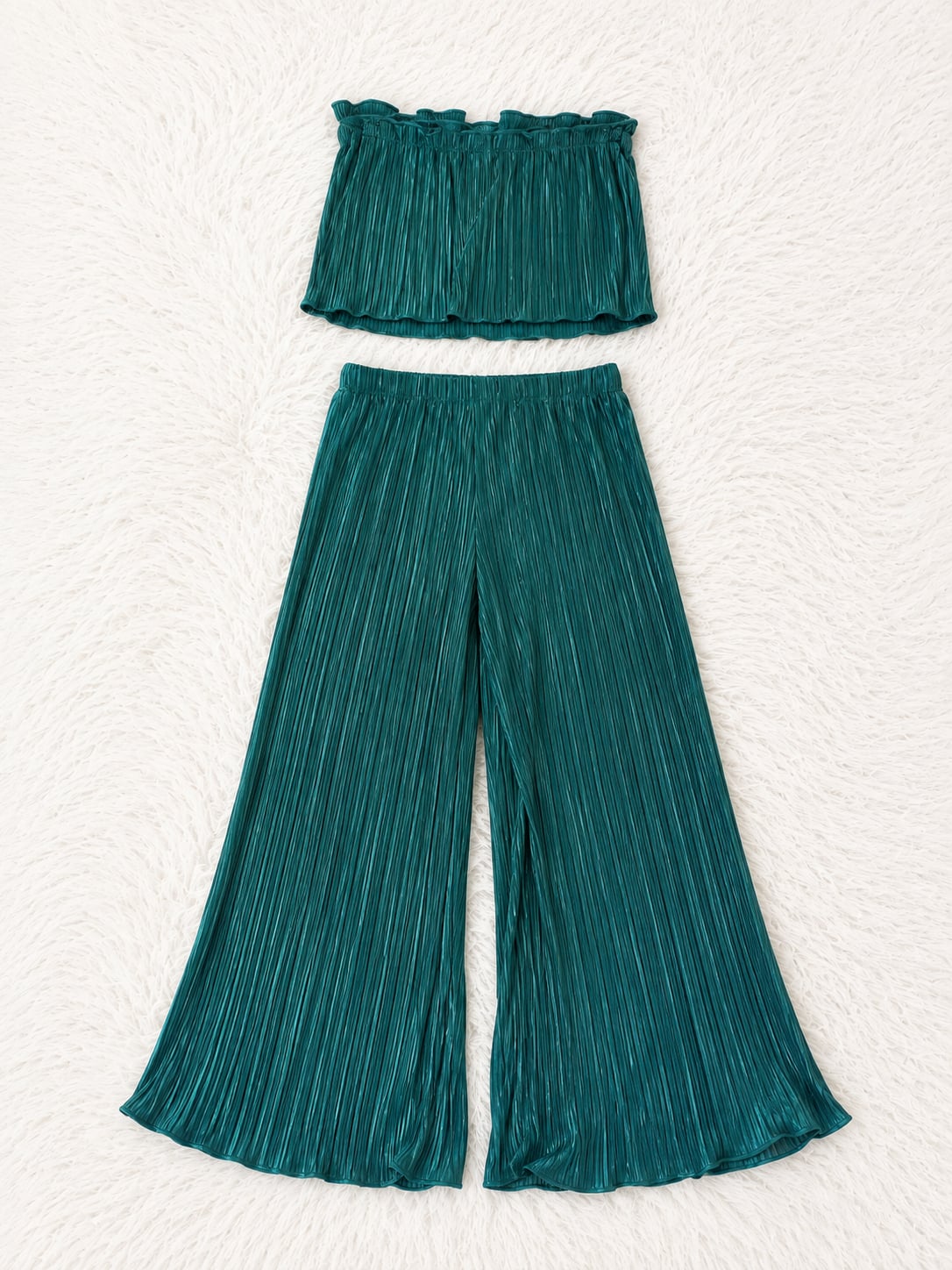 SHEIN Plisse Ruched Strapless Crop Top and Pants Dark Green Co-Ord Set Size L 2