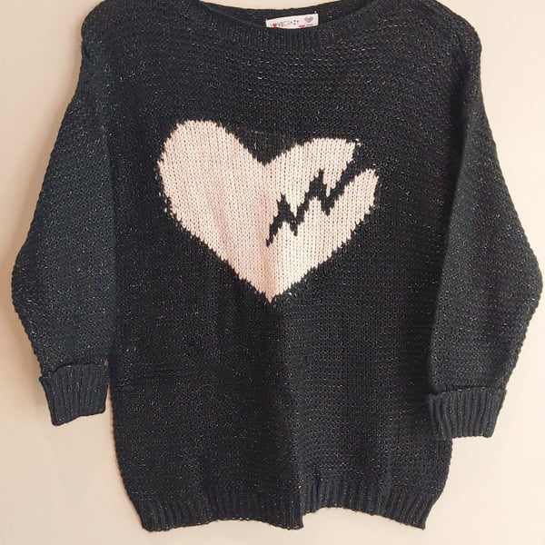 Lovecrazy Black Speckled Knit Pullover Sweater with Broken Heart Motif Size S