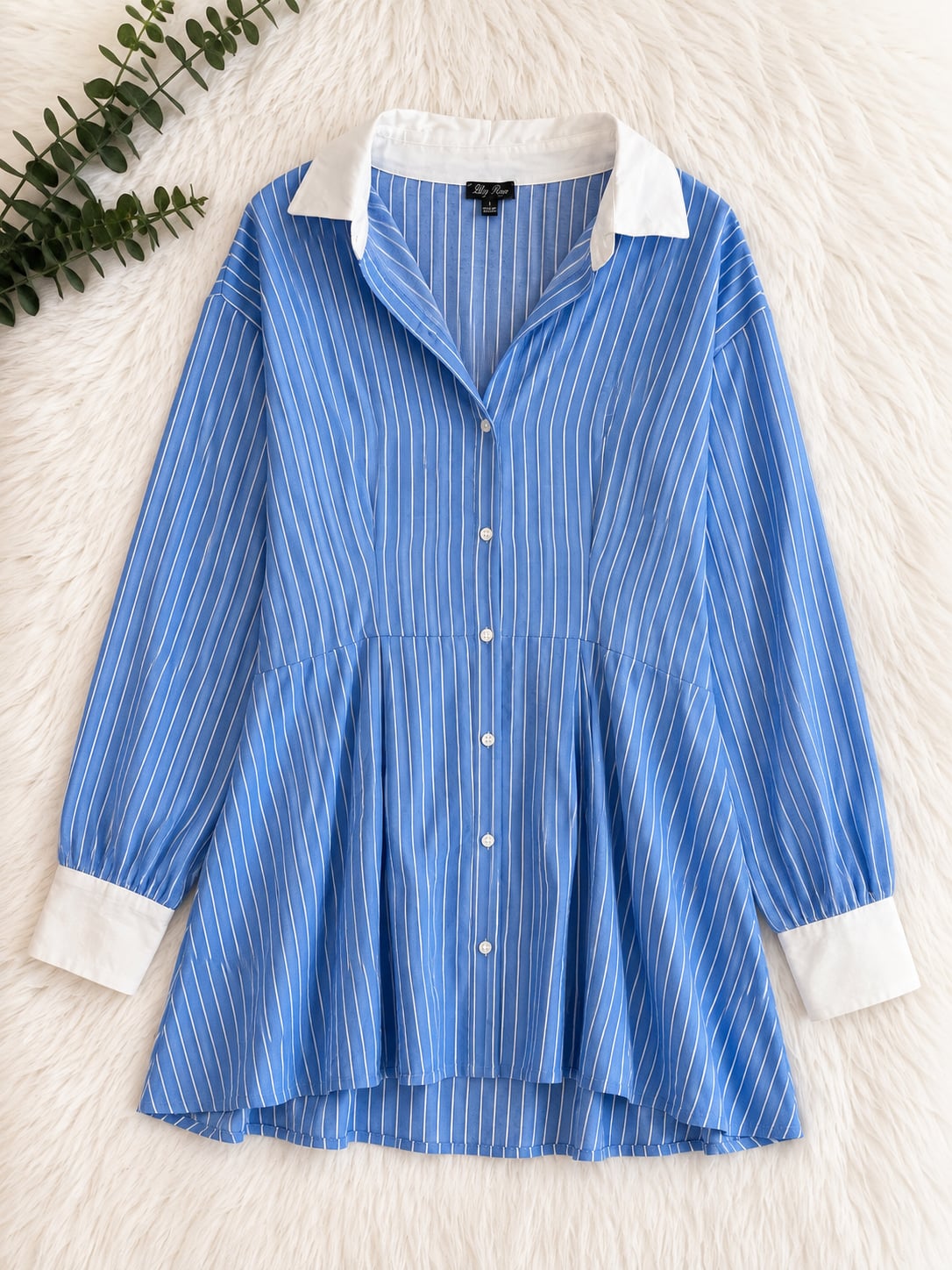 Lily Rose Blue and White Striped Contrast Collar Long Sleeve Shirt Dress 2