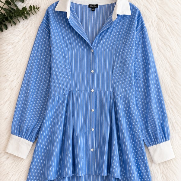 Lily Rose Blue and White Striped Contrast Collar Long Sleeve Shirt Dress