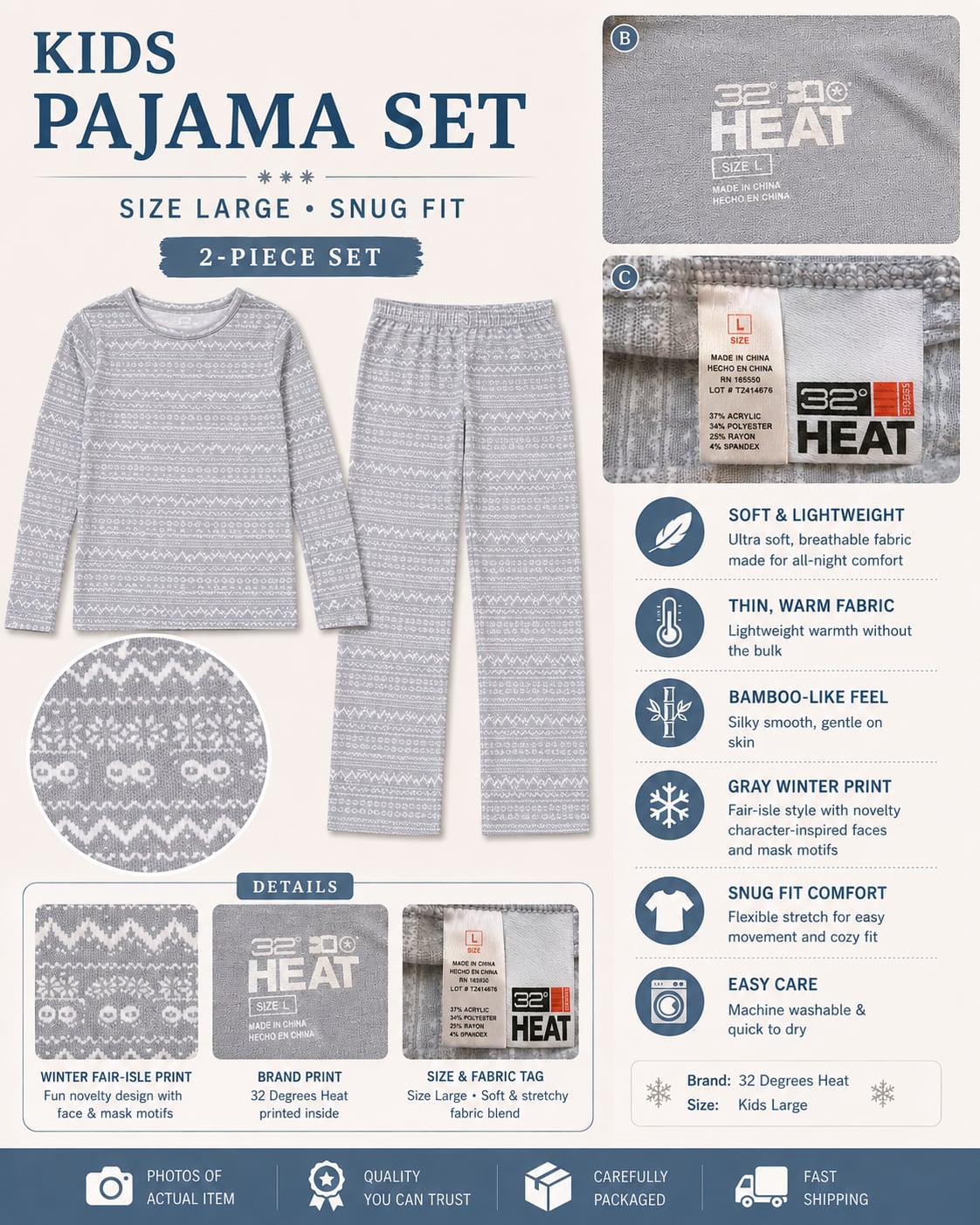 32 Degrees Heat Kids 2-Piece Pajama Set Long Sleeve Crew Neck & Legging Gray Winter Print Size Large 1