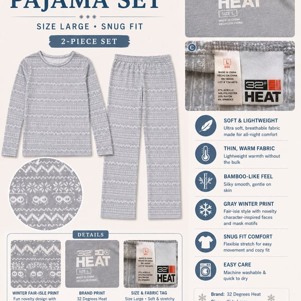 32 Degrees Heat Kids 2-Piece Pajama Set Long Sleeve Crew Neck & Legging Gray Winter Print Size Large