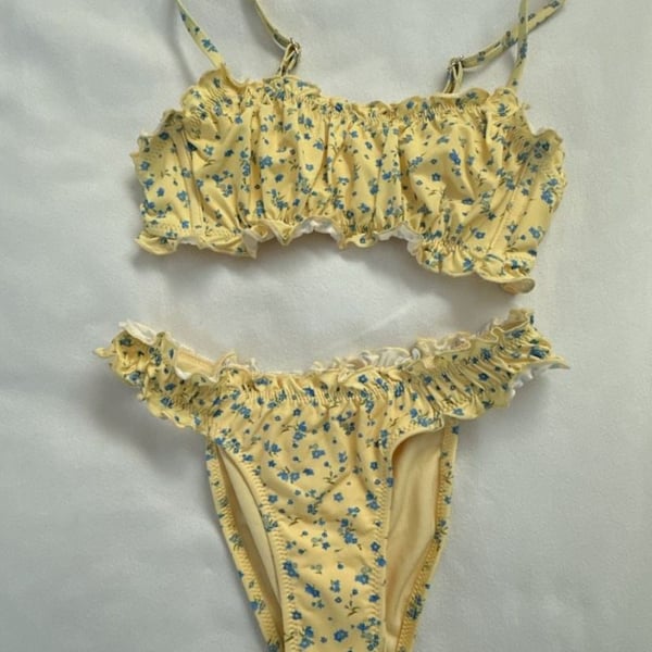 Wild Fable Yellow Blue Floral Ruffle Bikini Set Swimsuit NWOT