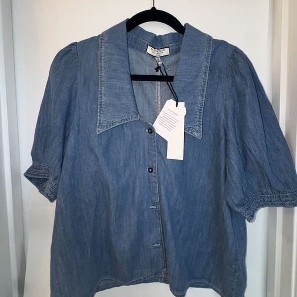 Bagatelle Denim Sailor Blouse with Puff Sleeves