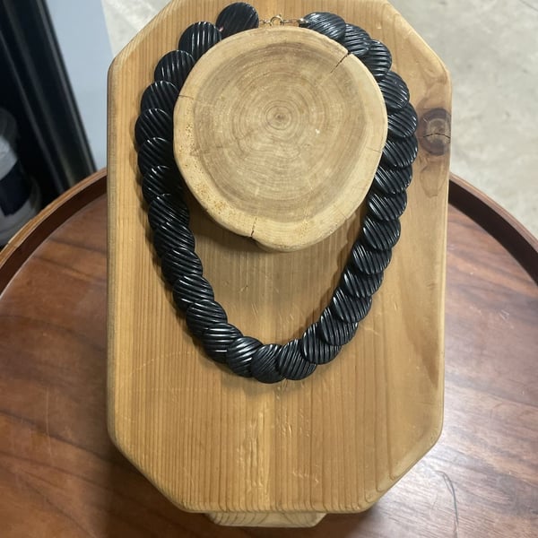 Vintage Black Wood and Coconut Shell Disc Statement Necklace