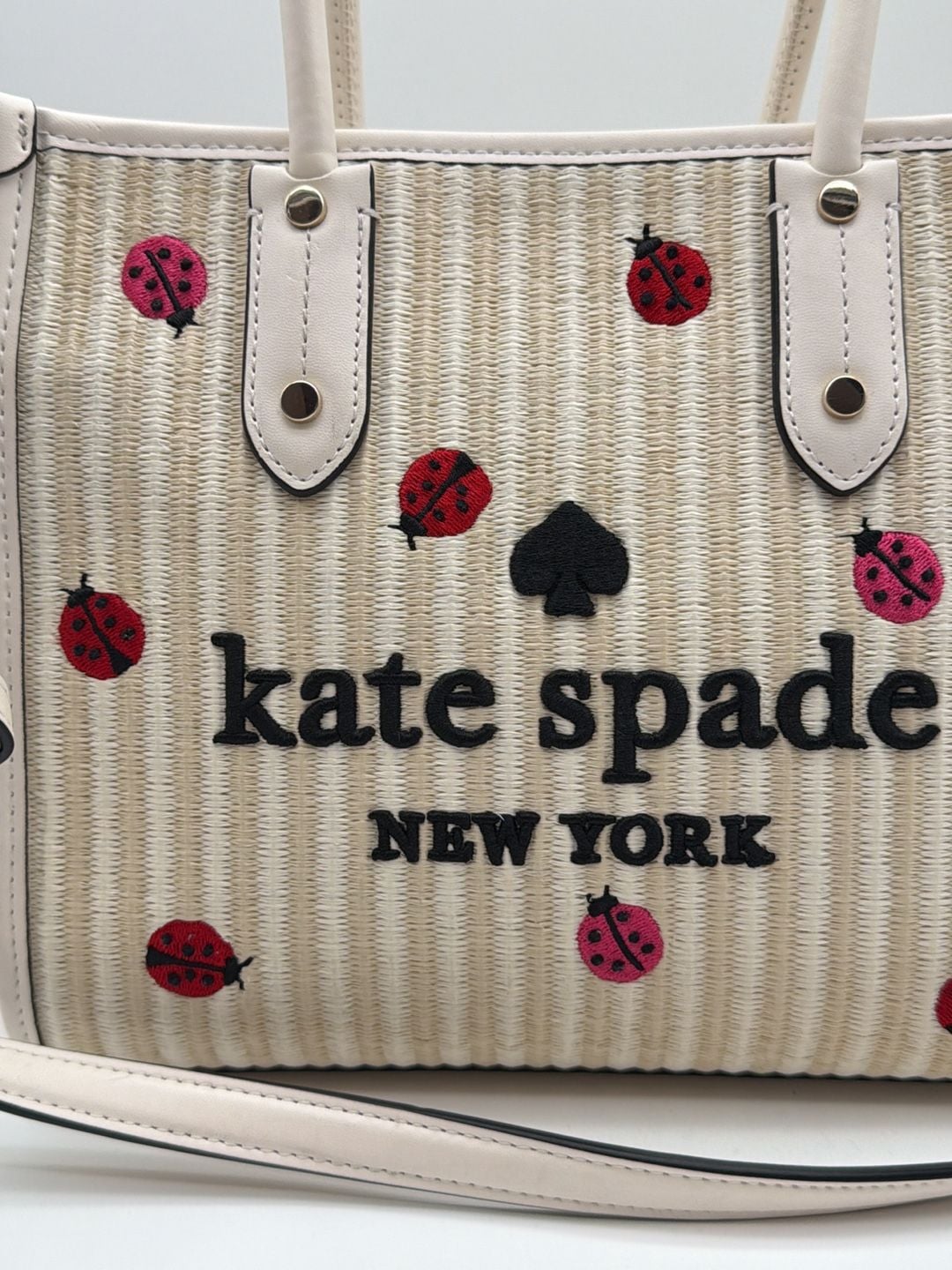Kate Spade Ella Dottie Ladybug Embroidered Straw Small Tote Crossbody Bag 3