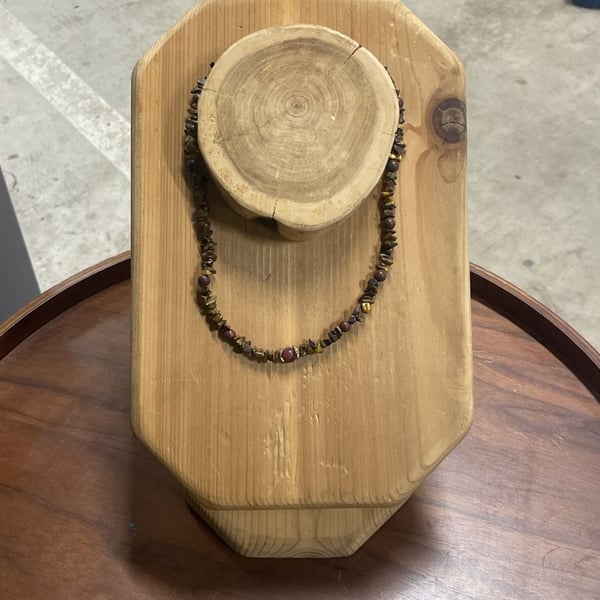 Vintage Earth Tone Semi-Precious Gemstone Chip and Round Bead Necklace with Spring Ring Clasp