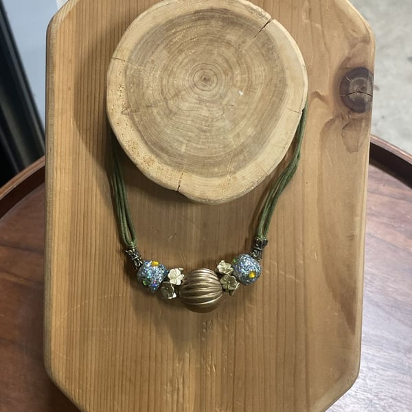 Olive Green Braided Cord Necklace with Center Metal Bead and Glitter Beads