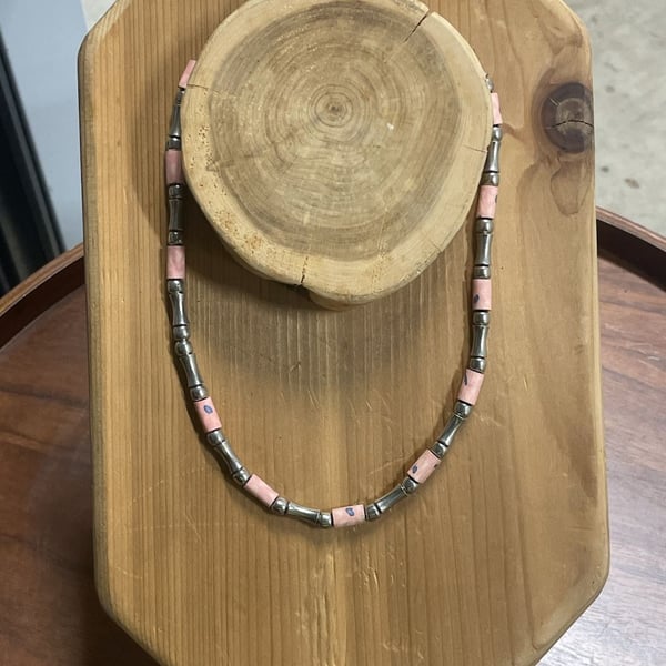 Pink Tube and Silver-Tone Beaded Necklace with Lobster Clasp