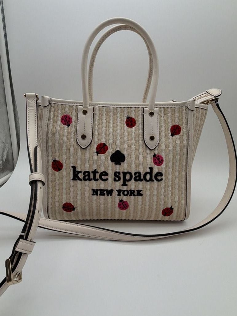 Kate Spade Ella Dottie Ladybug Embroidered Straw Small Tote Crossbody Bag 2