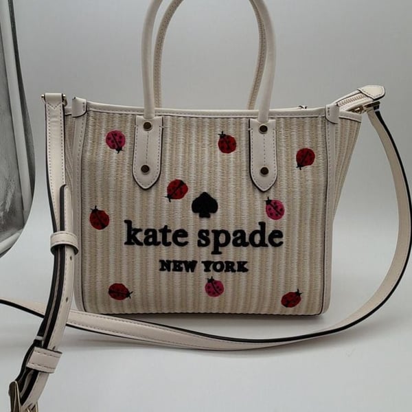 Kate Spade Ella Dottie Ladybug Embroidered Straw Small Tote Crossbody Bag