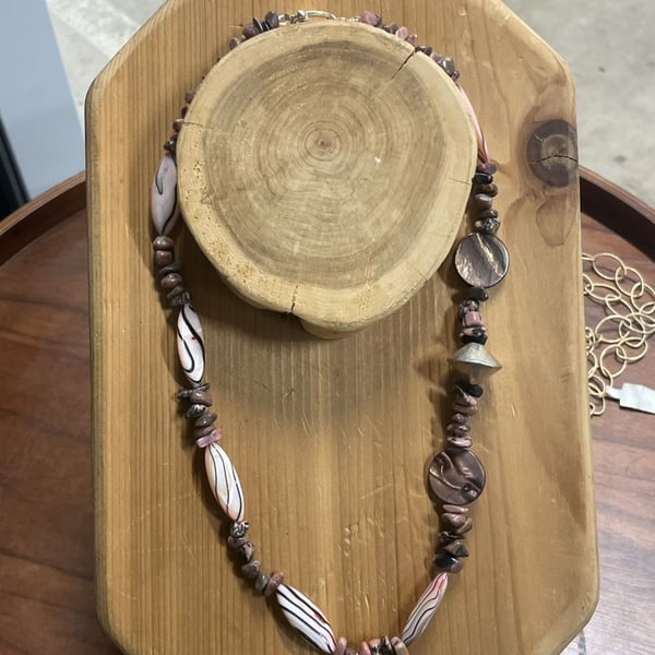 Pink Zebra Jasper and Swirl Glass Beaded Necklace with Toggle Clasp