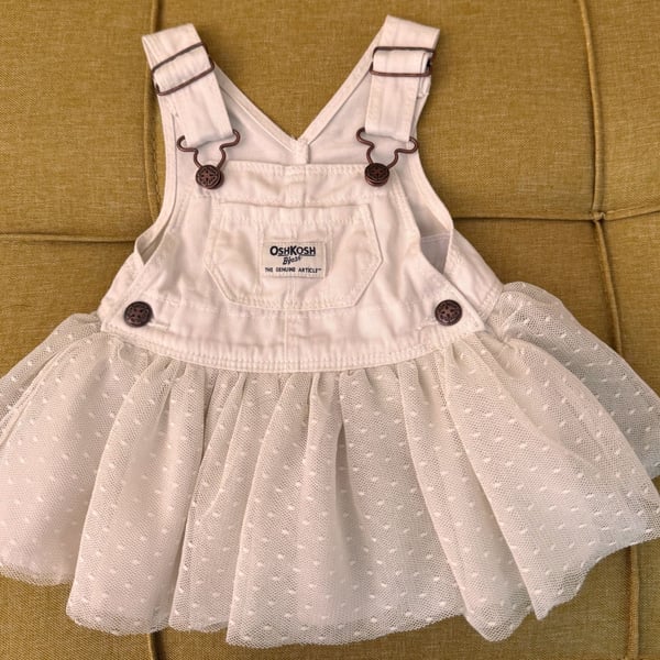 OshKosh B'gosh Off White Denim Overall Dress With Tulle Skirt Size 3M