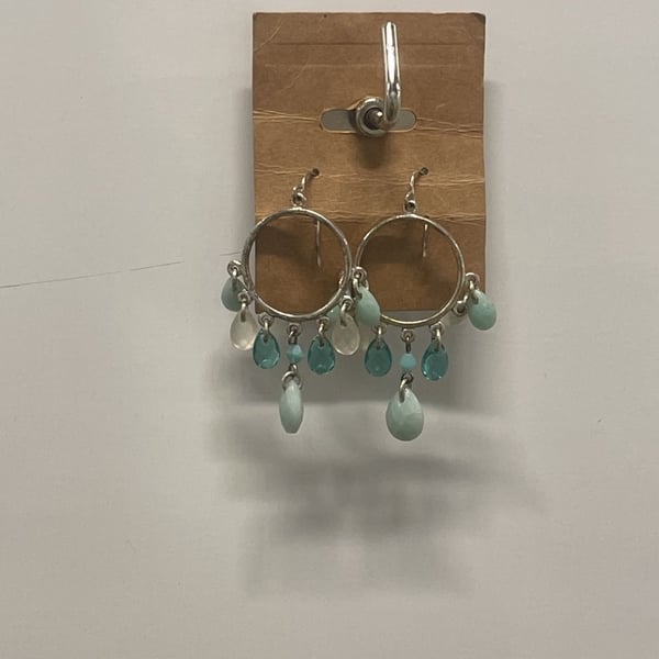 Silver-Tone Hoop Earrings with Blue and Clear Teardrop Beaded Dangles