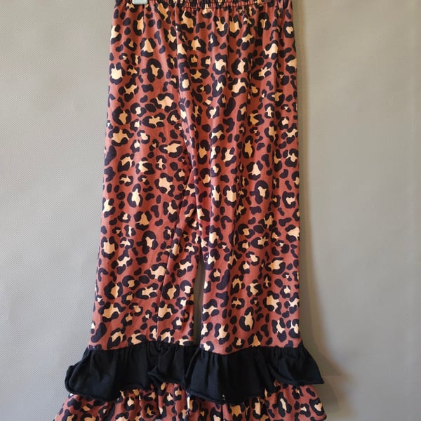 Toddler Girls Leopard Print Bell Bottom Pants with Black Ruffle Hem Size 3T