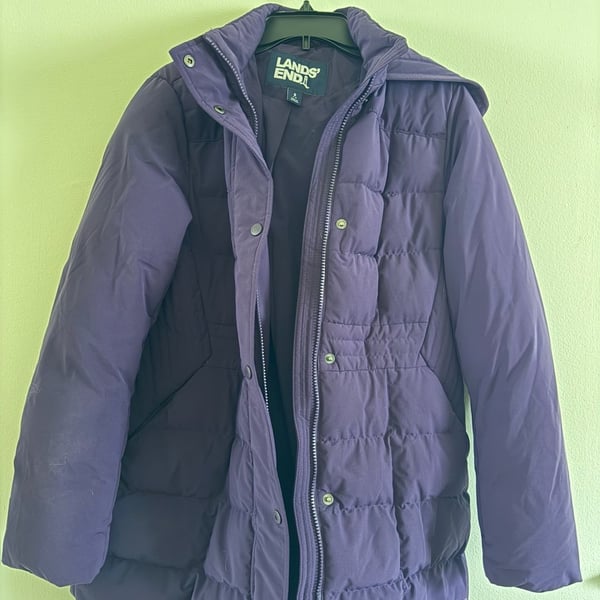 Lands' End Quilted Stretch Down Coat Purple Women's Size S 6-8 Hooded Puffer Jacket