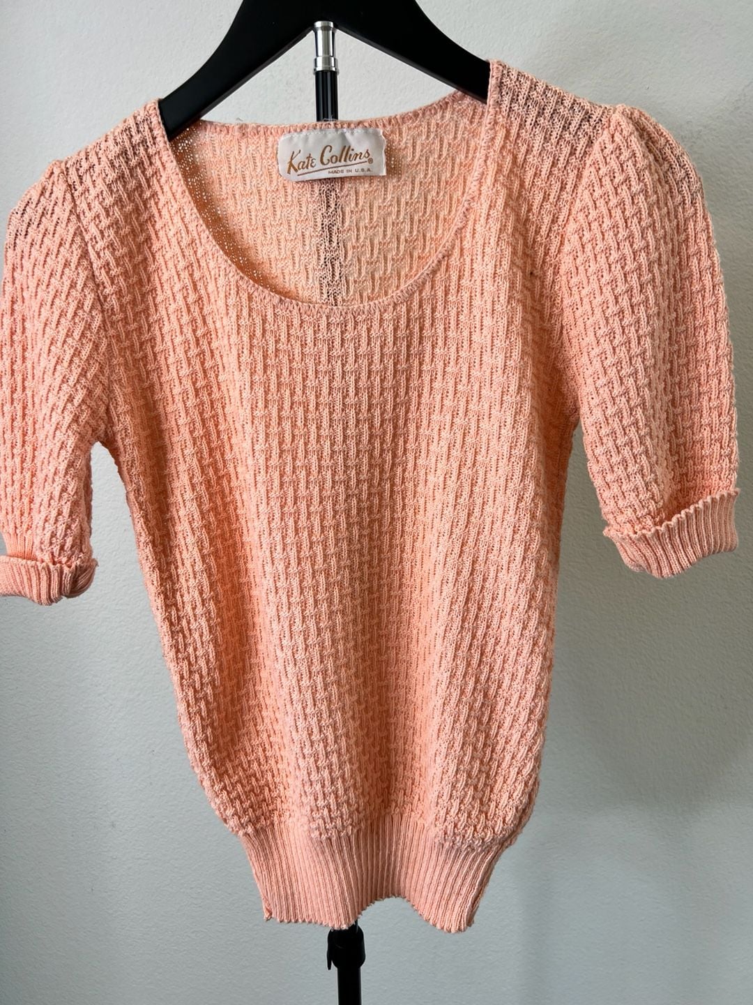 Vintage Kate Collins Short Sleeve Textured Knit Sweater Pink USA Made 2