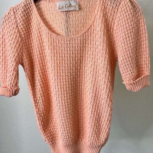Vintage Kate Collins Short Sleeve Textured Knit Sweater Pink USA Made