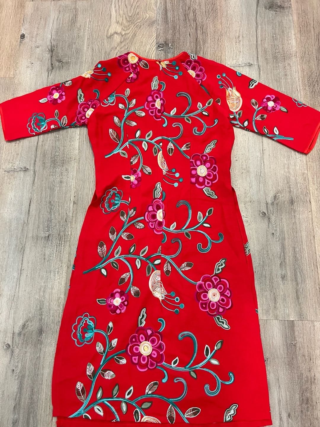 Kim Lai 100% Silk Red Floral Embroidered Cheongsam Dress Size S 4