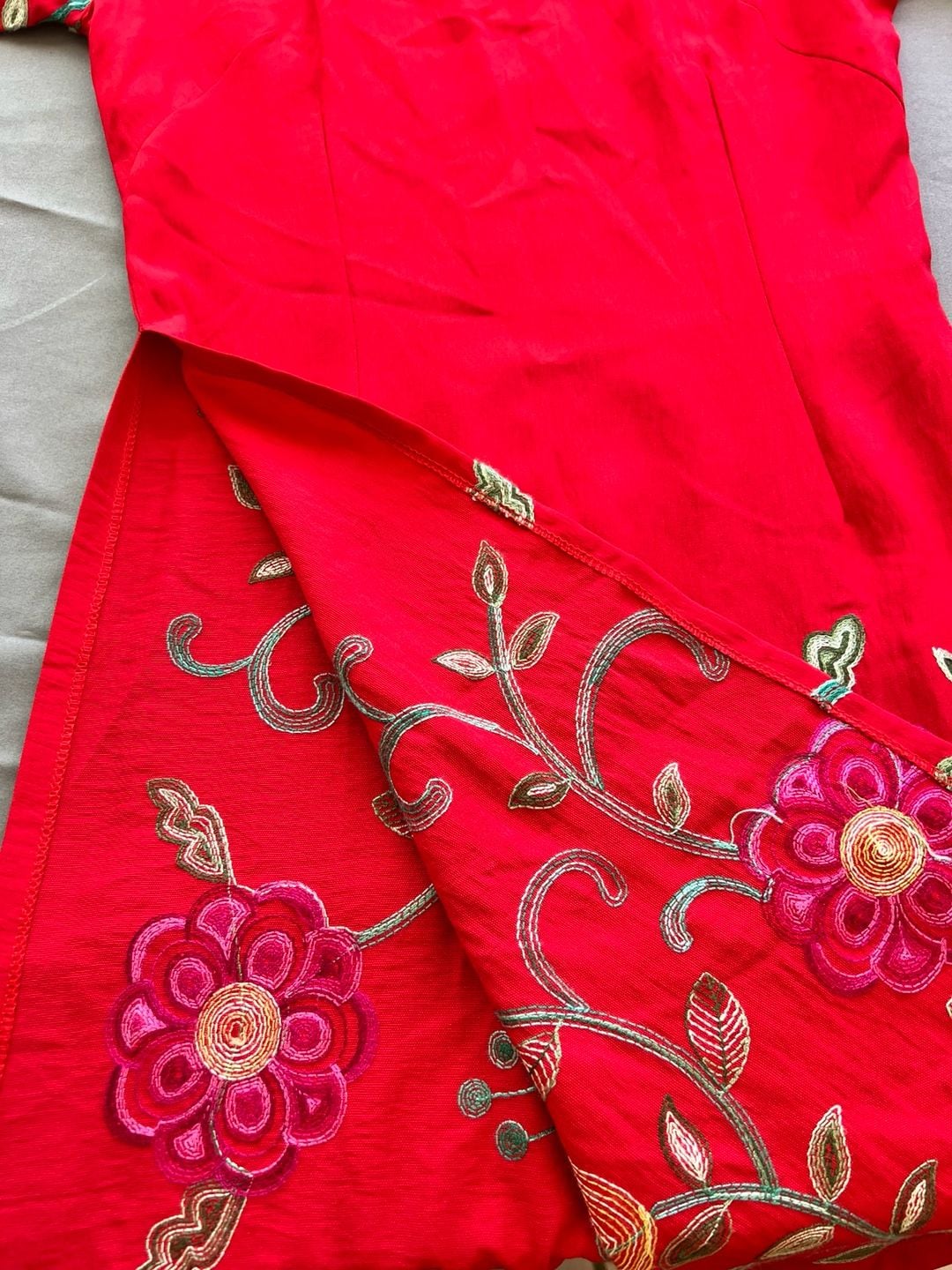 Kim Lai 100% Silk Red Floral Embroidered Cheongsam Dress Size S 13