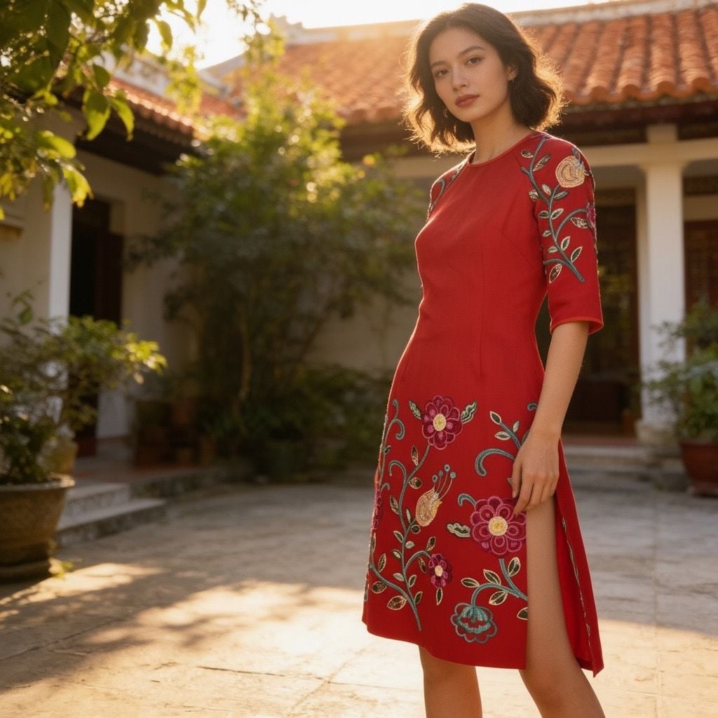 Kim Lai 100% Silk Red Floral Embroidered Cheongsam Dress Size S 2