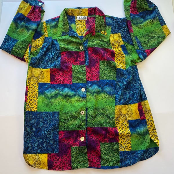 Vintage 80s Teddi Multicolored Animal Print Patchwork Button Down Shirt Top