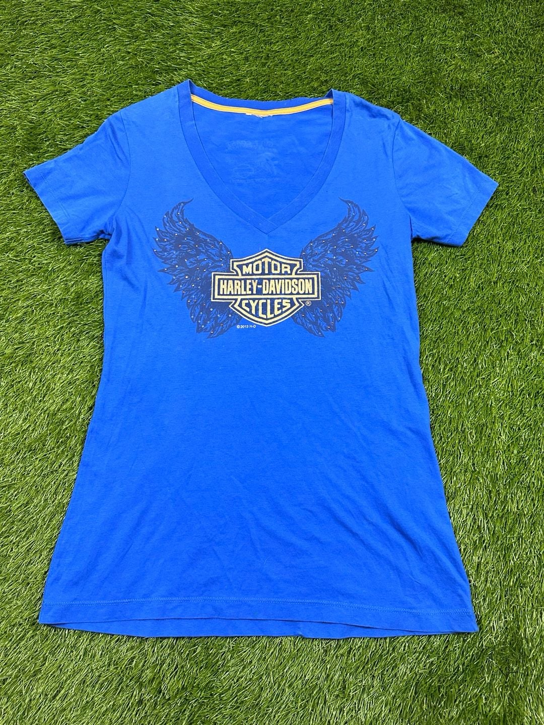 Harley-Davidson Gulf Coast FL Blue V-Neck T-Shirt with Rhinestone Wings 2