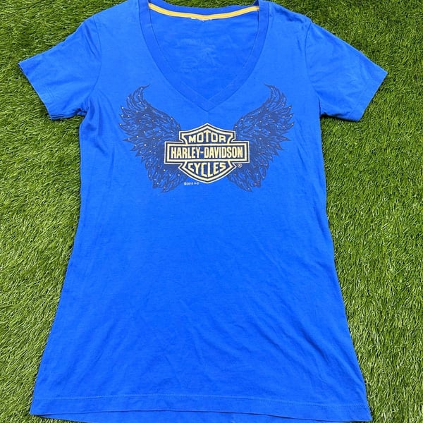 Harley-Davidson Gulf Coast FL Blue V-Neck T-Shirt with Rhinestone Wings