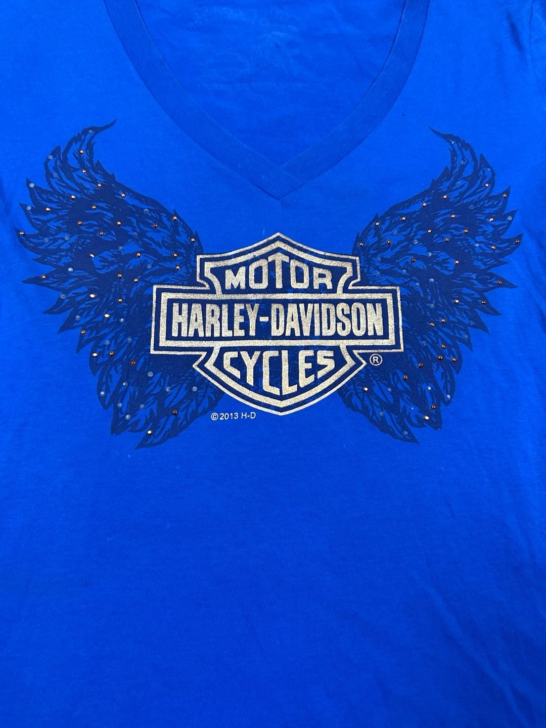 Harley-Davidson Gulf Coast FL Blue V-Neck T-Shirt with Rhinestone Wings 4