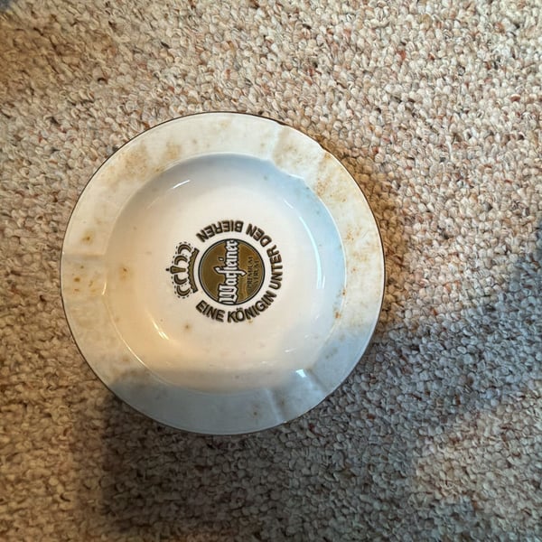 Vintage Warsteiner Beer Ashtray White Ceramic with Gold Rim