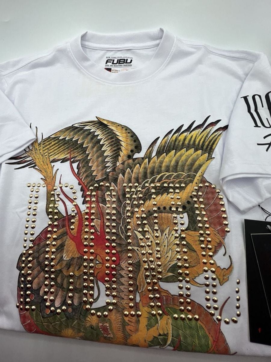 FUBU Iconic Dragon and Eagle Graphic Rhinestone Studded White T-Shirt Medium 2