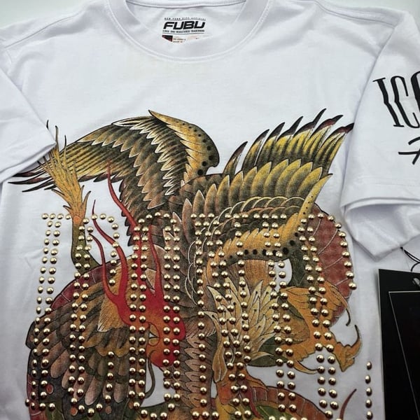 FUBU Iconic Dragon and Eagle Graphic Rhinestone Studded White T-Shirt Medium