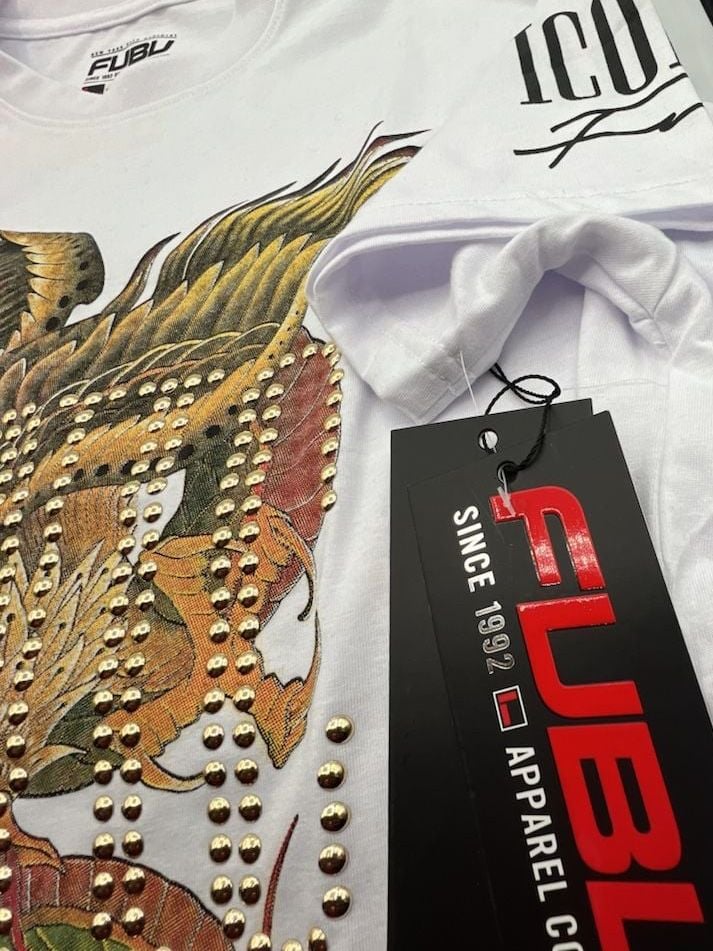 FUBU Iconic Dragon and Eagle Graphic Rhinestone Studded White T-Shirt Medium 3