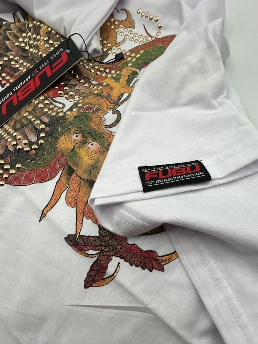 FUBU Iconic Dragon and Eagle Graphic Rhinestone Studded White T-Shirt Medium 5