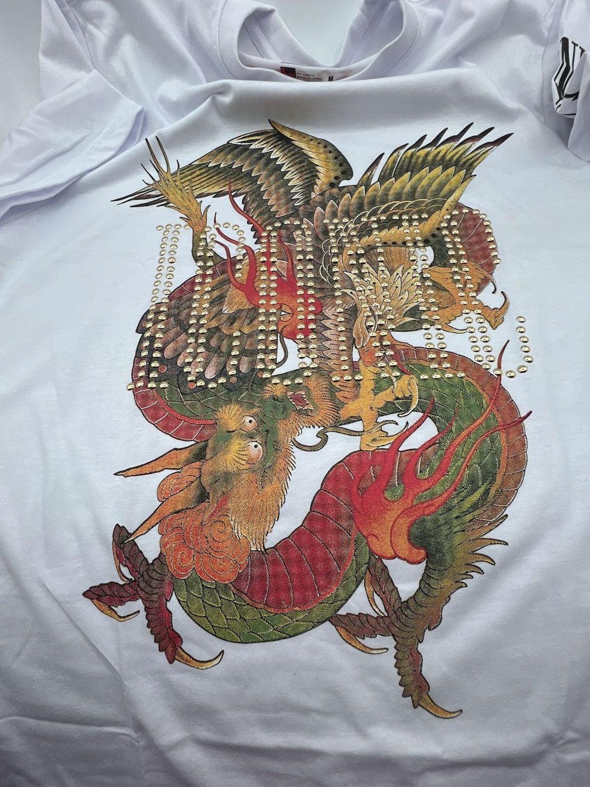 FUBU Iconic Dragon and Eagle Graphic Rhinestone Studded White T-Shirt Medium 7