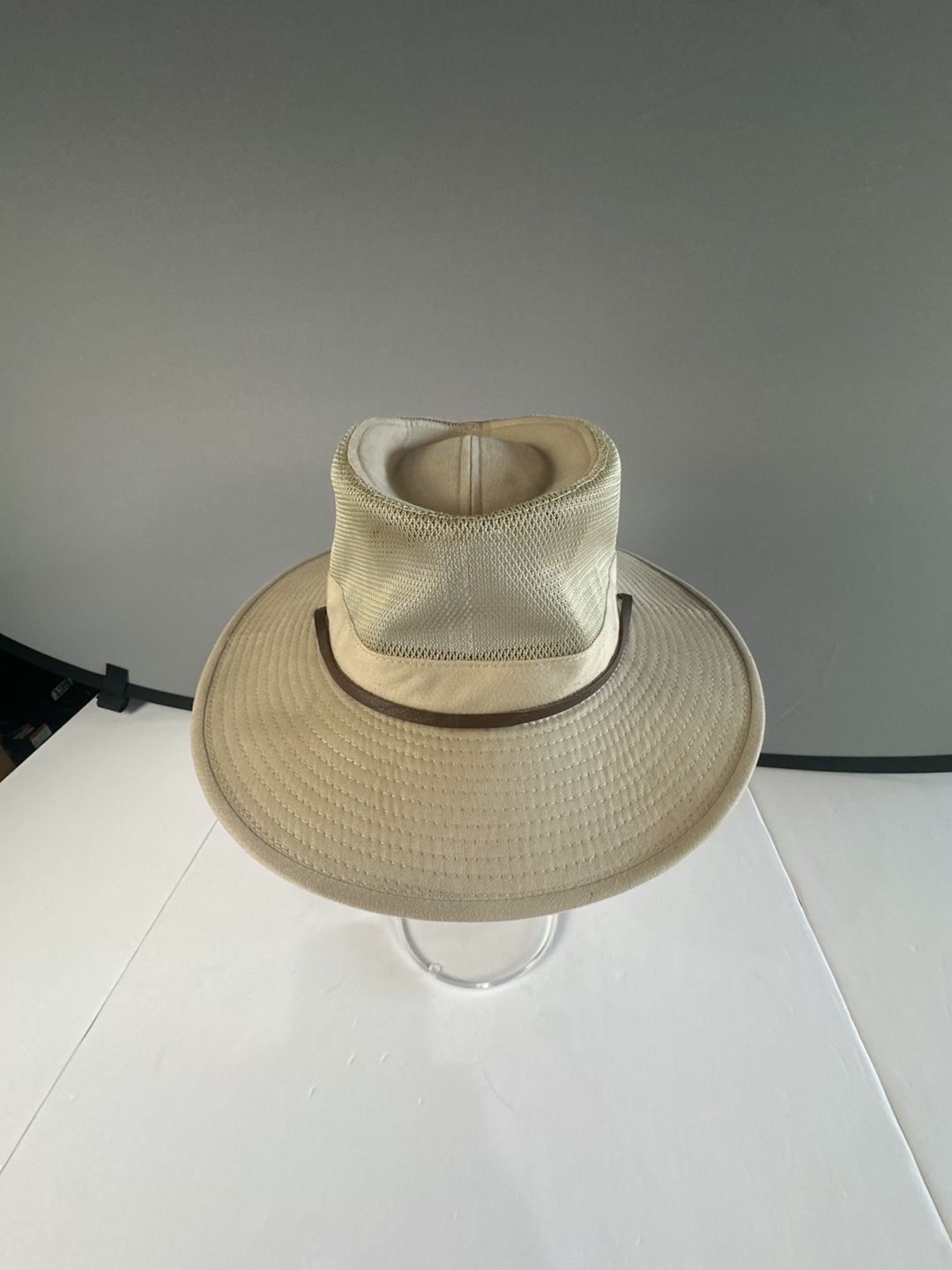 J Hats Khaki Mesh Crown Safari Sun Hat Wide Brim Hiking Golf Chin Strap 60cm 2