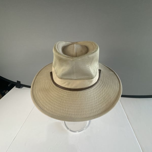 J Hats Khaki Mesh Crown Safari Sun Hat Wide Brim Hiking Golf Chin Strap 60cm